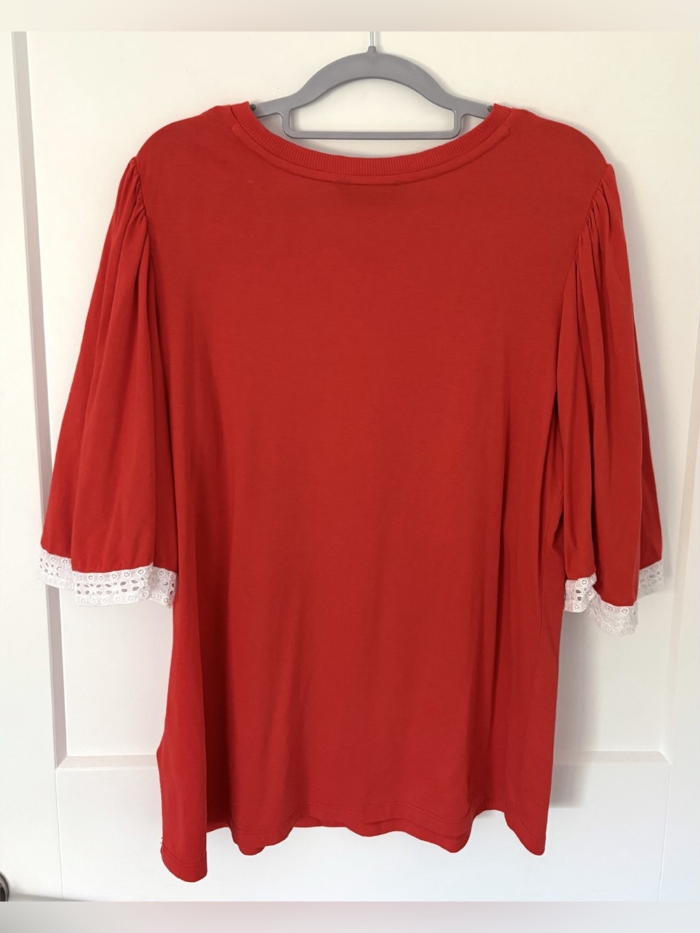 Lauren Ralph Lauren Red Bell Sleeve Eyelet Lace Trim Knit Top - L